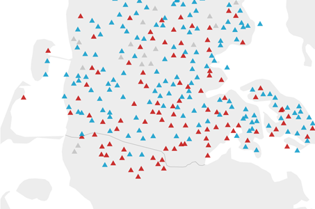 Karte des deutsch-dänischen Grenzgebiets mit der Verteilung von Ortspunkten auf preußische Kreise.